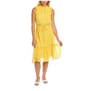 Tahari Women's Yellow with White Dots Adjustable Waist Midi Dress P1298